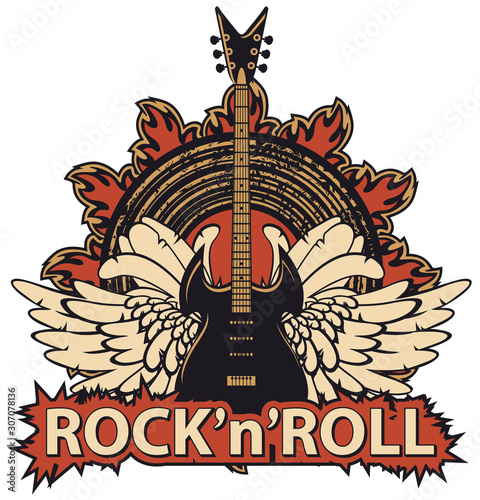 Vector music banner with lettering Rock and roll, an electric guitar, white wings, speaker and fire. Creative modern illustration, suitable for flyer, poster, t-shirt design, tattoo, icon, logo, label