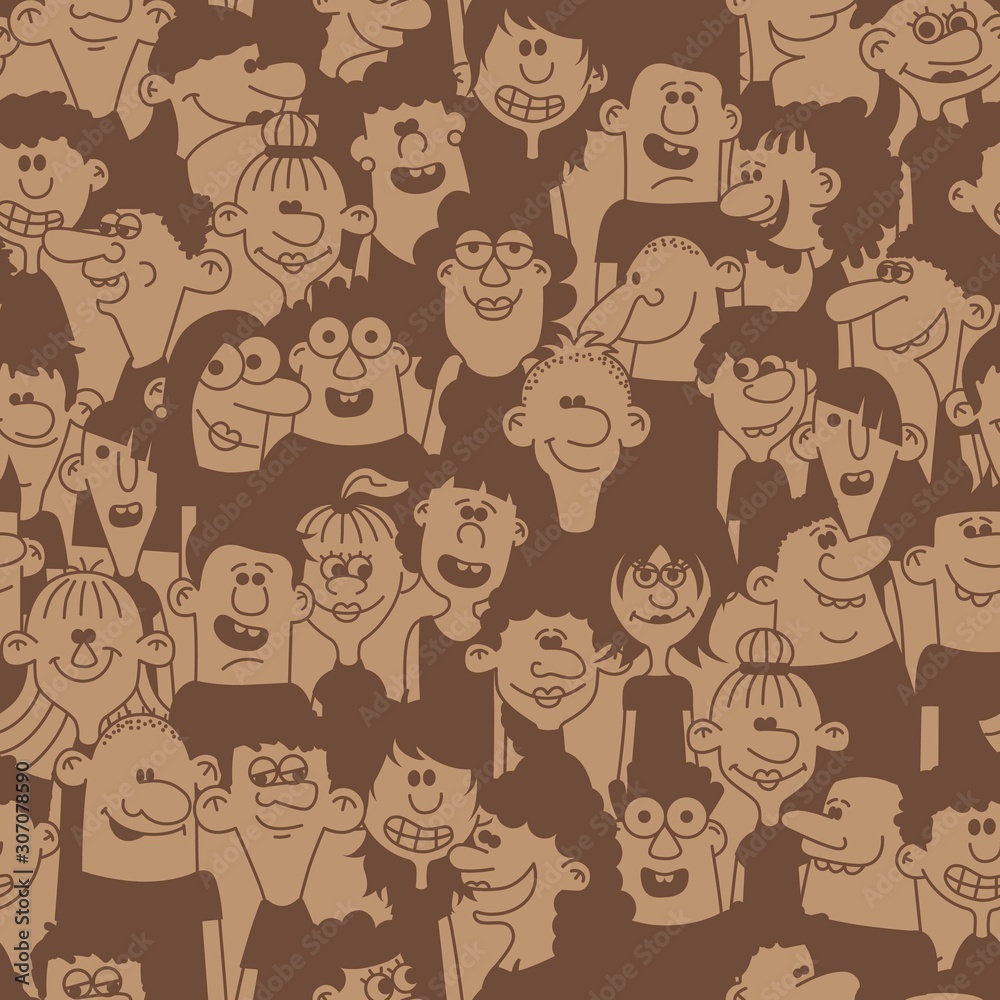 Happy people - hand drawn seamless pattern. Funny characters faces, vector illustration.