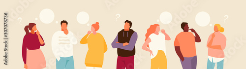 Group of cartoon thoughtful people. Problem solving and choice. Vector modern illustration.