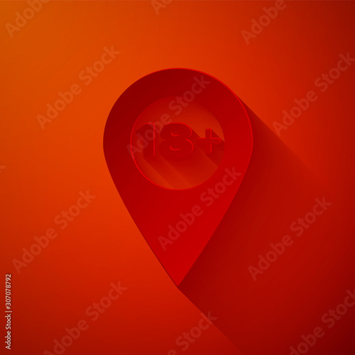 Paper cut Map pointer with 18 plus icon isolated on red background. Age restriction symbol. 18 plus content sign. Adults content only icon. Paper art style. Vector Illustration
