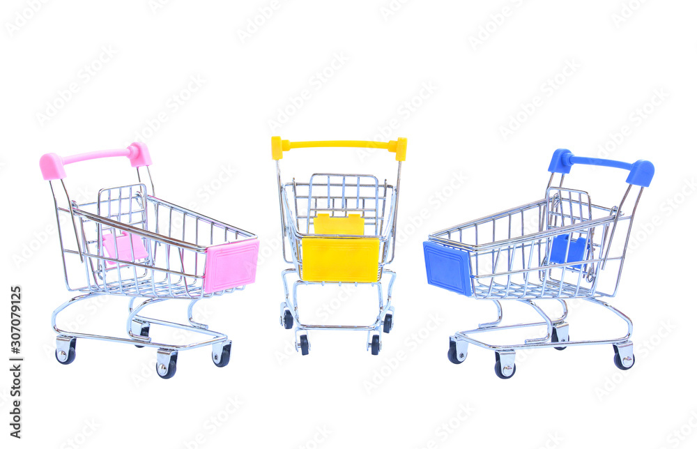 Three empty miniature metal chrome trolley from a supermarket isolated on white background.. Three empty miniature metal chrome trolley from a supermarket isolated on white background..