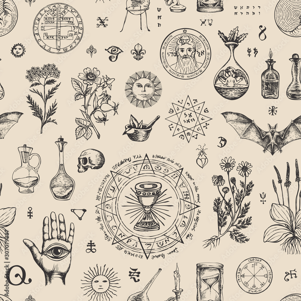 Naklejka Wektor wzór na temat medycyny i leczenia ziołami w stylu retro. Powtarzalne tło z ręcznie rysowanymi szkicami, różnymi ziołami i starymi symbolami medycznymi, plamami.