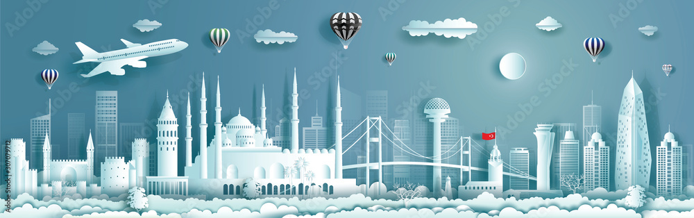 Fototapeta Travel to Turkey landmarks of europe with panorama view background.