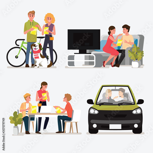 Group People Meeting and Dating for eat snacks set .Vector illustration cartoon character.