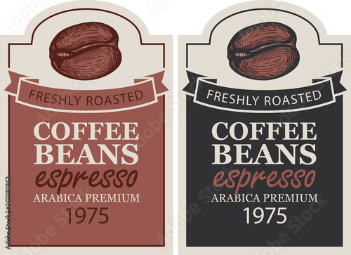 Vector set of labels for freshly roasted coffee beans in retro style. Coffee labels with inscriptions Espresso, hand-drawn coffee beans and ribbons in figured frames.