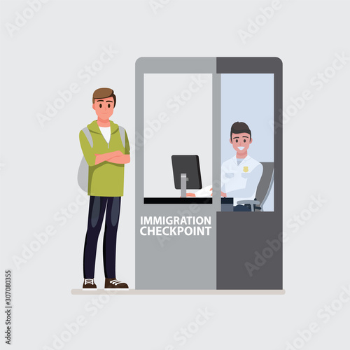 Border control counter concept, immigration officer, Airport terminal.Vector illustration cartoon character.