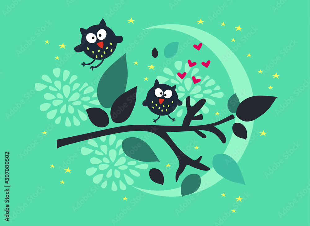 Cartoons owls are sitting on a tree branch, vector illustration