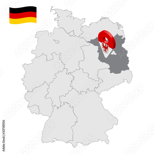Location of Brandenburg on map Federal Republic of Germany. 3d Brandenburg location sign similar to the flag of Brandenburg. Quality map of Germany with regions. EPS10.