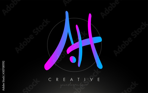 AH Artistic Brush Letter Logo Handwritten in Purple Blue Colors Vector photo