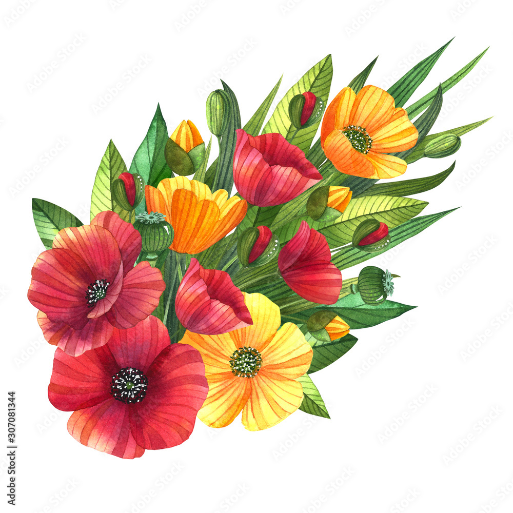 Watercolor floral bouquet for wedding invitations, cards, and prints. Poppies and buttercups with leaves and buds. Diagonal flower composition.