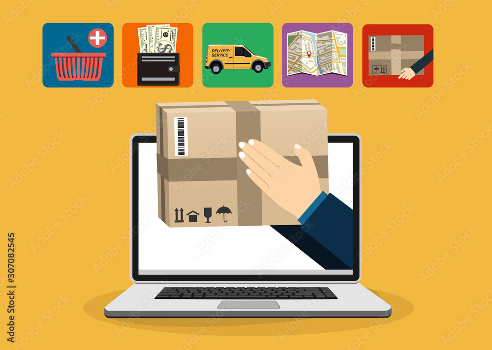 Concept for fast online delivery service. Hands holding a package box out of laptop screen. Flat vector illustration. Concept for fast online delivery service. Hands holding a package box out of laptop screen. Flat vector illustration.