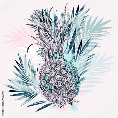 Fashion vector tropical illustration with pineapple and palm leaves