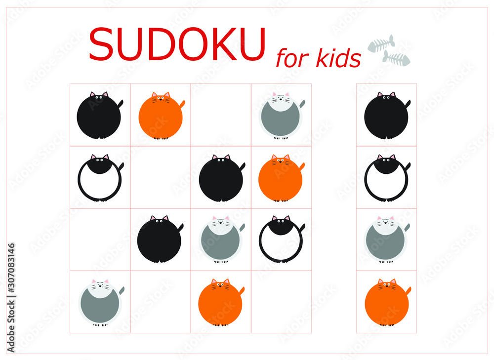 Sudoku for kids. Sudoku. Children's puzzles. Educational game for children. round cats (black, gray, orange, white)