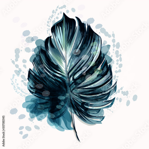 Monstera vector palm leaf with ink spots in watercolor style, tropical illust...