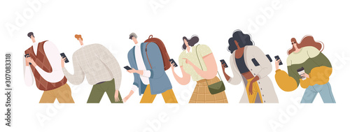 People go with phones in their hands. Vector illustration. © Oqvector