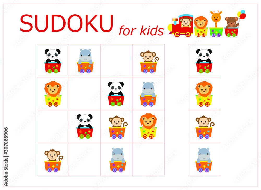 Sudoku for kids. Sudoku. Children's puzzles. Educational game for children. circus animals go by train (monkey, lion, giraffe, panda, hippopotamus, bear) Sudoku for kids. Sudoku. Children's puzzles. Educational game for children. circus animals go by train (monkey, lion, giraffe, panda, hippopotamus, bear)