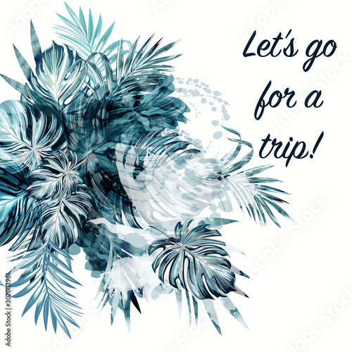Tropical vector background with palm leaves, vacation concept