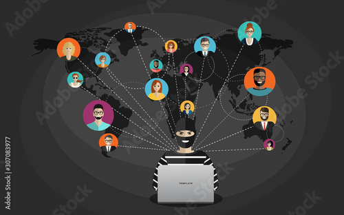 Cyber thief, hacker, hacking personal information from business people around the world. Cyber security and crime concept. Vector illustration of flat design