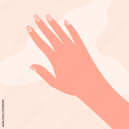 Woman demonstrating nail design. Top view of hand with long square nails with nude polish. Beauty salon. Colorful flat vector illustration in cartoon style.