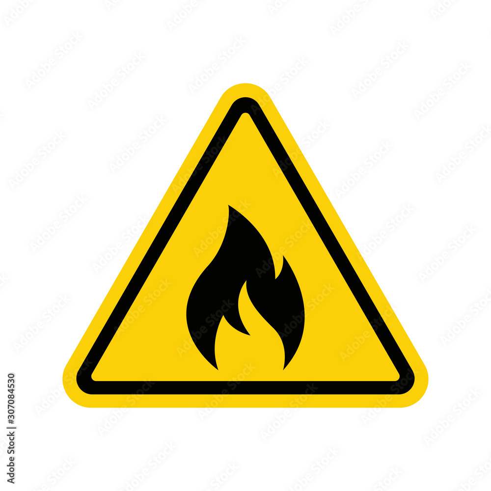 Fire warning sign on white. Fire warning sign in yellow triangle. Flammable, inflammable substances icon. Vector Fire warning sign on white. Fire warning sign in yellow triangle. Flammable, inflammable substances icon. Vector