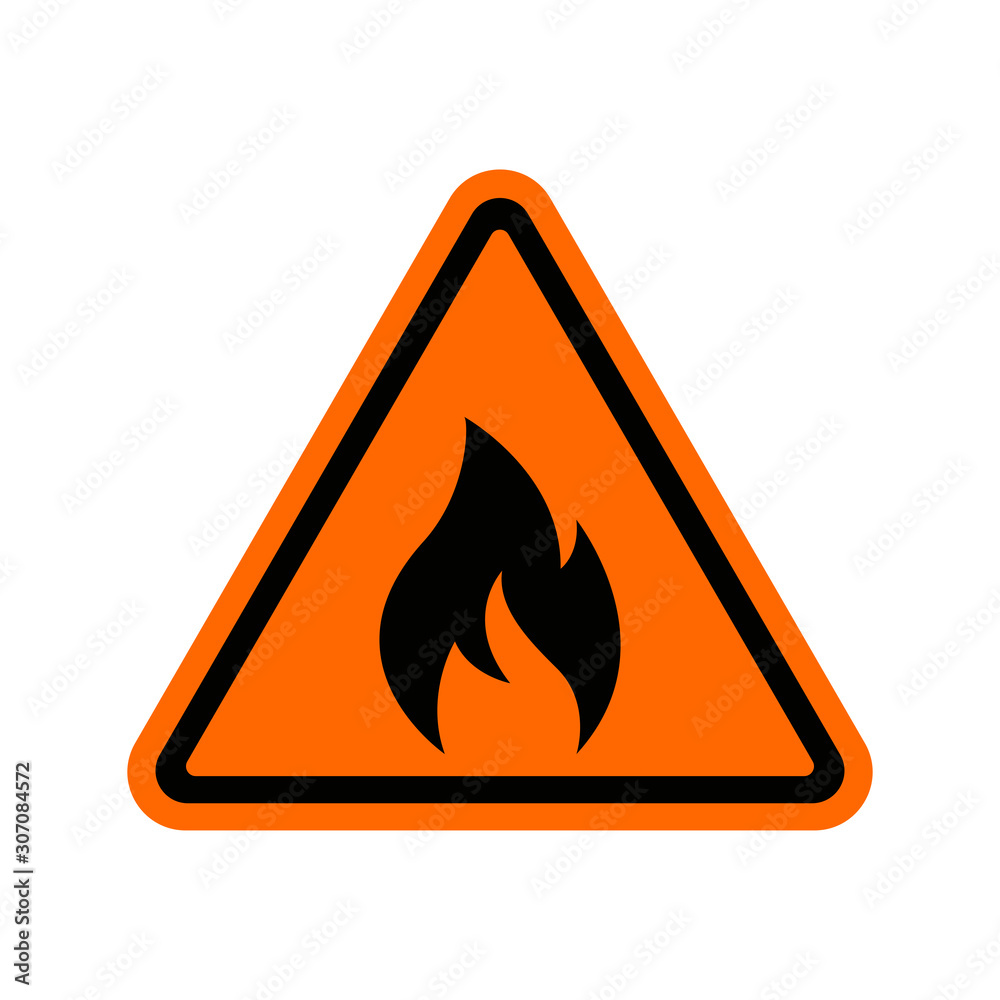Fire warning sign on white background. Fire warning sign in yellow triangle. Flammable, inflammable substances icon. Fire warning sign on white background. Fire warning sign in yellow triangle. Flammable, inflammable substances icon.