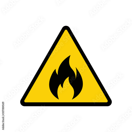 Fire warning sign on white. Fire warning sign in yellow triangle. Flammable, inflammable substances icon. Vector
