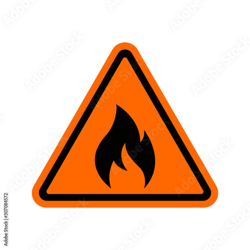 Fire warning sign on white background. Fire warning sign in yellow triangle. Flammable, inflammable substances icon.