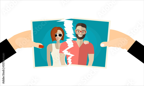 Break up. Crisis relationship divorce. Man and woman tear a group photo as symbol conflict, unhappy love. Vector illustration flat design. Parting couple.