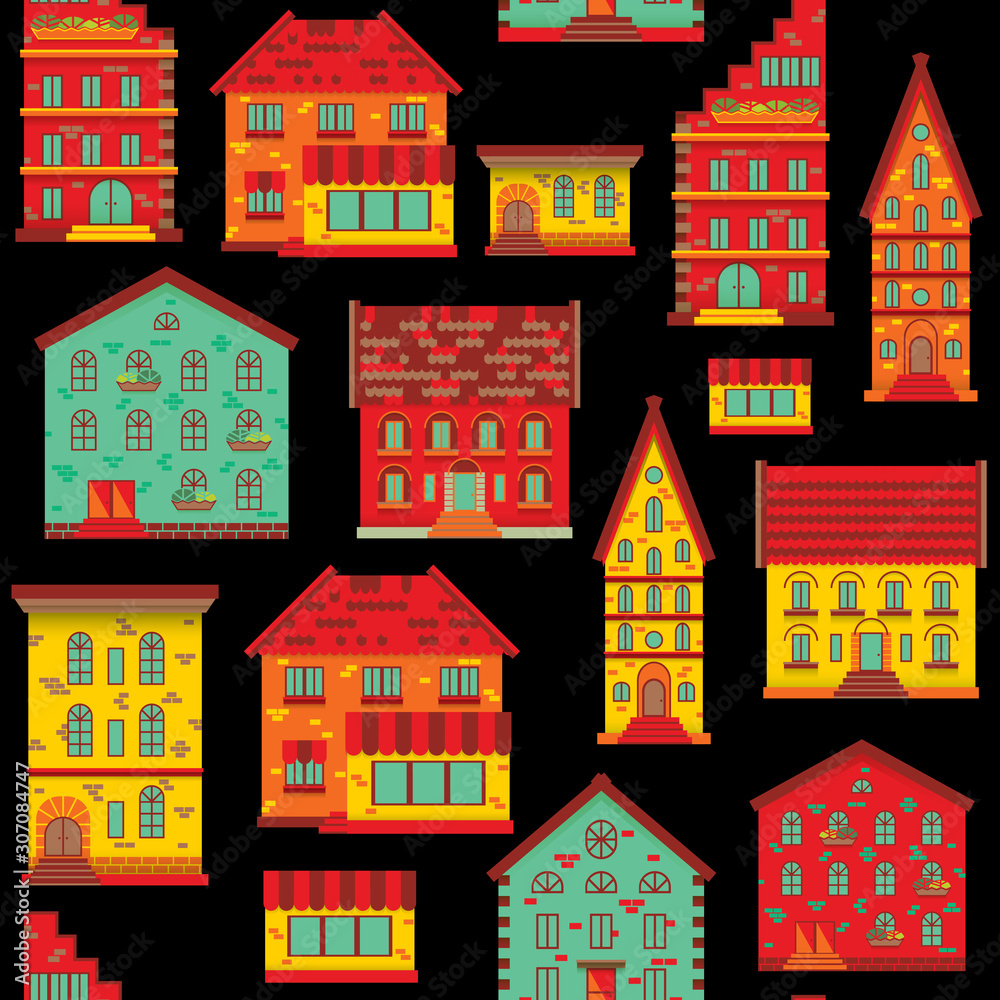 Seamless pattern with vintage houses, doodle house vector background, cute colorful houses in flat style, EPS 10