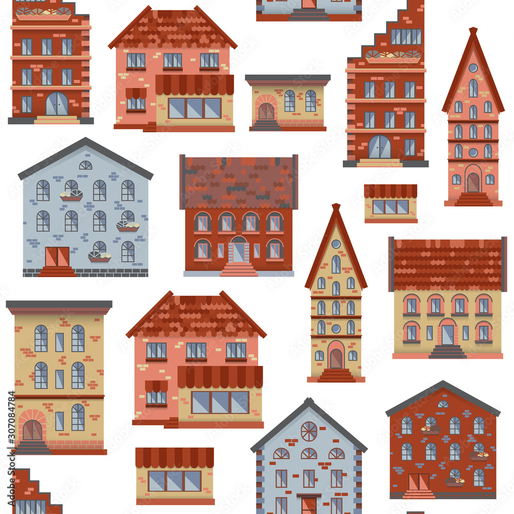 Seamless pattern with vintage houses, doodle house vector background, cute colorful houses in flat style, EPS 10