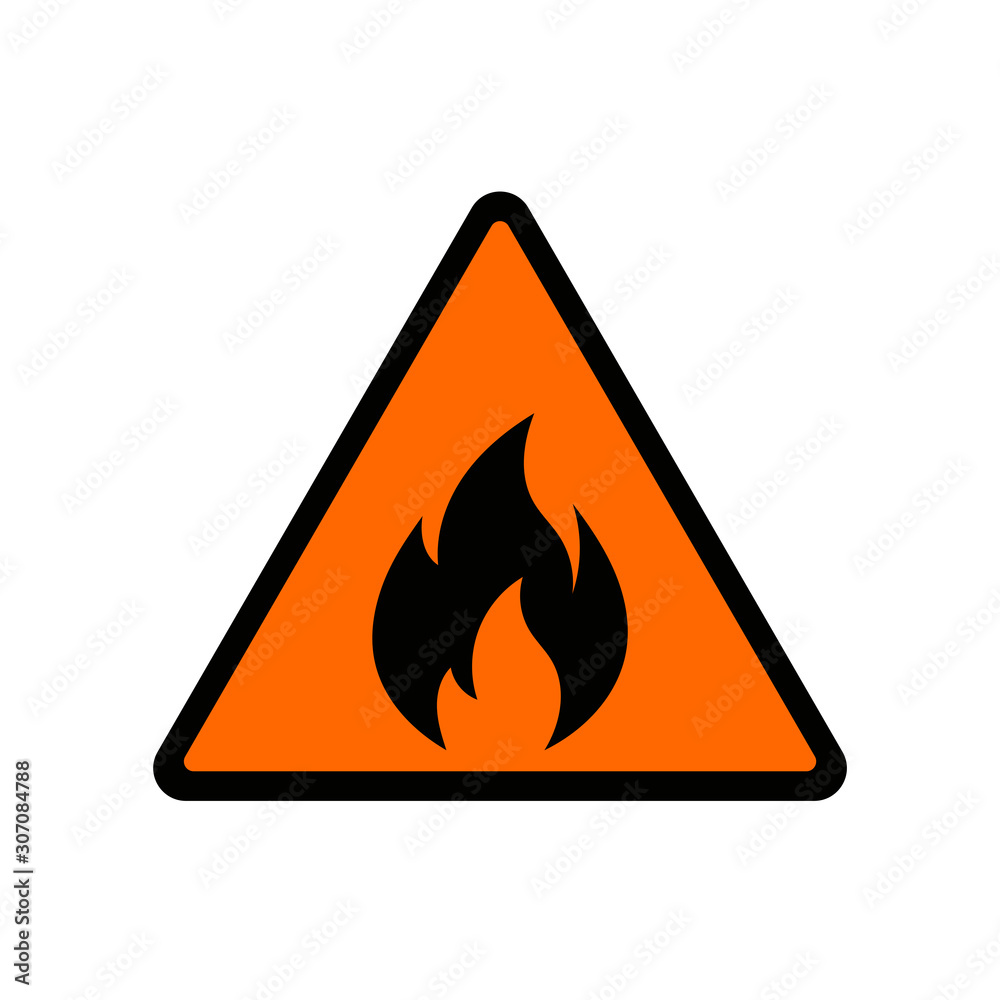 Fire warning sign on white. Fire warning sign in yellow triangle. Flammable, inflammable substances icon. Vector Fire warning sign on white. Fire warning sign in yellow triangle. Flammable, inflammable substances icon. Vector