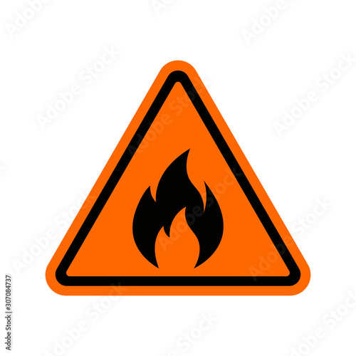 Fire warning sign on white. Fire warning sign in yellow triangle. Flammable, inflammable substances icon. Vector