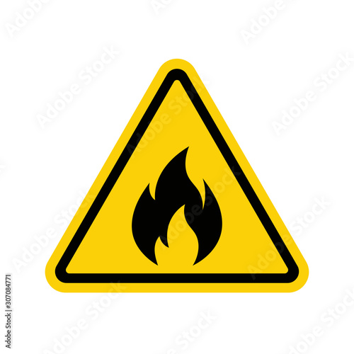 Fire warning sign on white. Fire warning sign in yellow triangle. Flammable, inflammable substances icon. Vector
