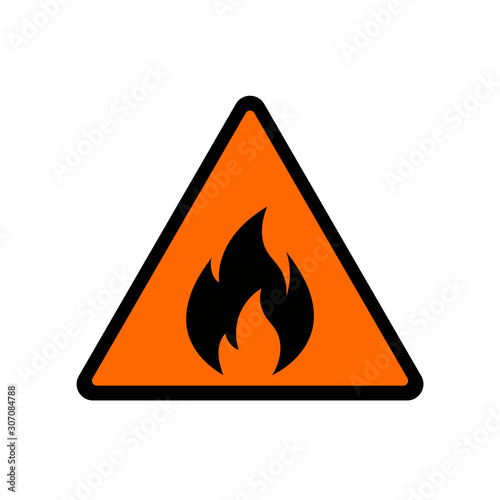Fire warning sign on white. Fire warning sign in yellow triangle. Flammable, inflammable substances icon. Vector