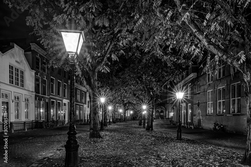 A typical Dutch street (The Hooglandse Kerkgracht), with old buildings and beautiful, lighted lamp posts, Leiden, the Netherlands 3 photo