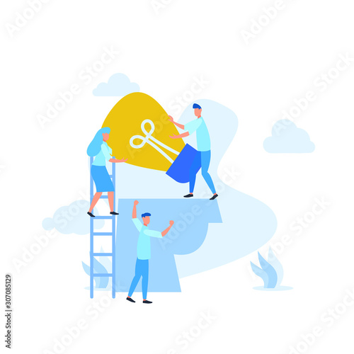 Flat illustration find idea brainstorming head and bulb with mini people team work together