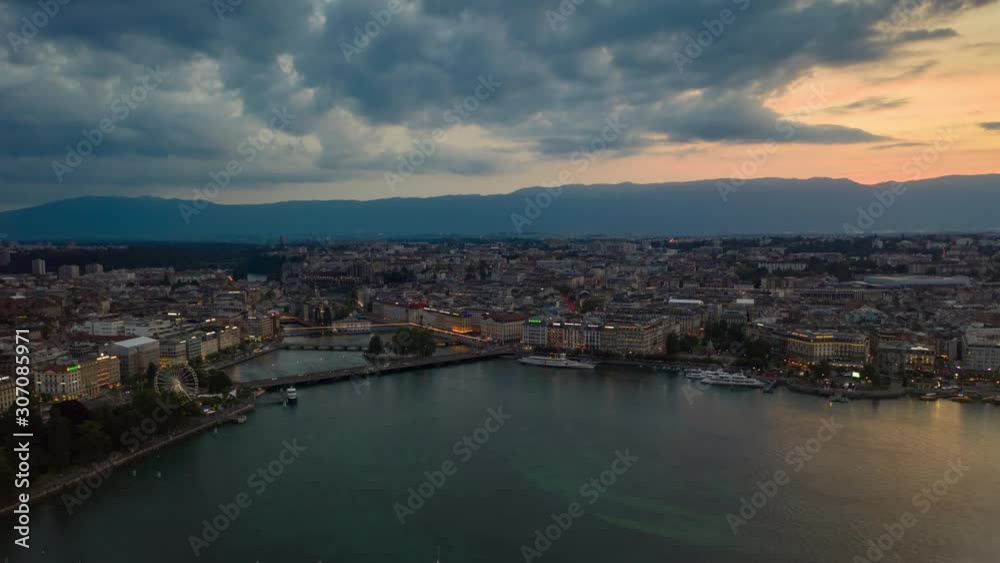 sunset sky flight over geneva city lake fountain aerial panorama 4k timelapse switzerland sunset sky flight over geneva city lake fountain aerial panorama 4k timelapse switzerland