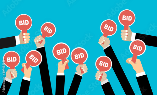 Hands holding auction paddle. Flat vector illustration.