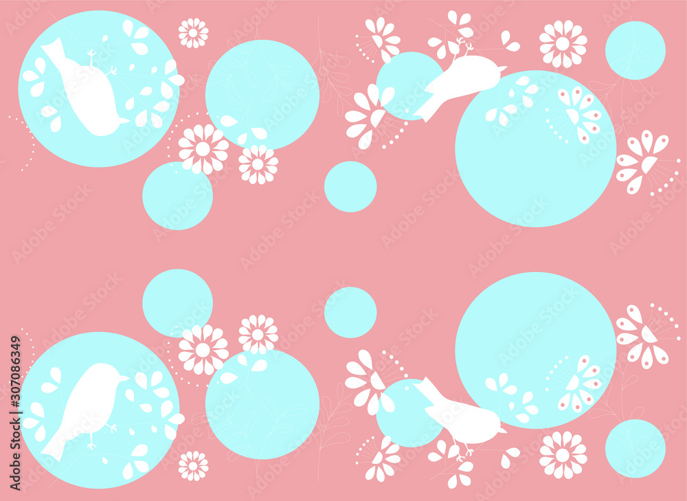 abstract simple background with flowers and birds and color circles