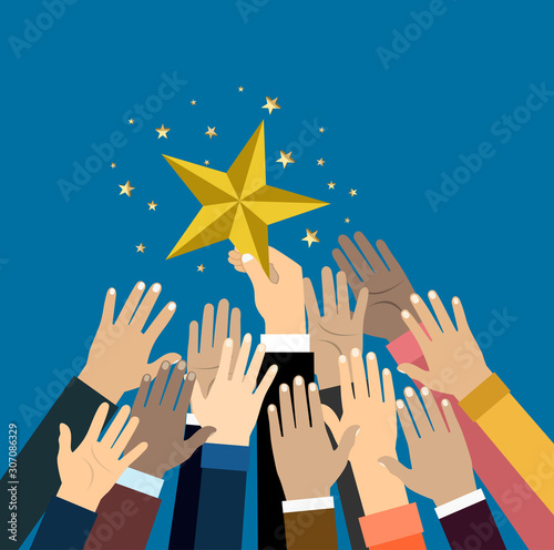 Group of hand reaching for the star. Business success, achieving the goal, challenge concept. Vector illustration. Flat style design