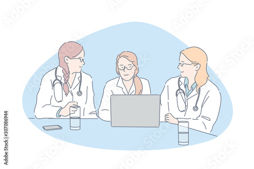 Doctors meeting, hospital staff, clinic personnel concept. Young women in white coats talking, medical college students, colleagues communication, physicians council, Simple flat vector