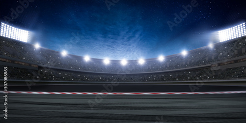 Racing stadium at night. Many spotlights with lens flare. Stars and clouds on the sky. 3d render photo