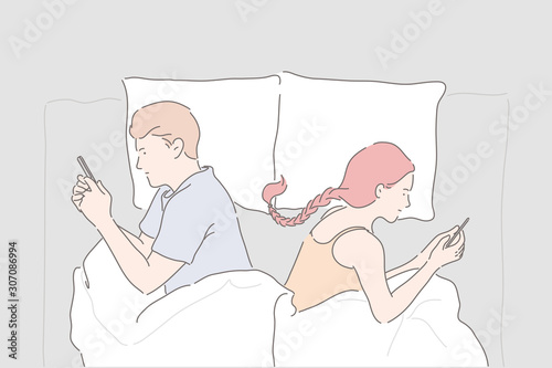 Relationship trouble, mobile phone addiction, marriage crisis concept, Girlfriend and boyfriend lying in bed with smartphones, modern lifestyle problem, communication problem, Simple flat vector