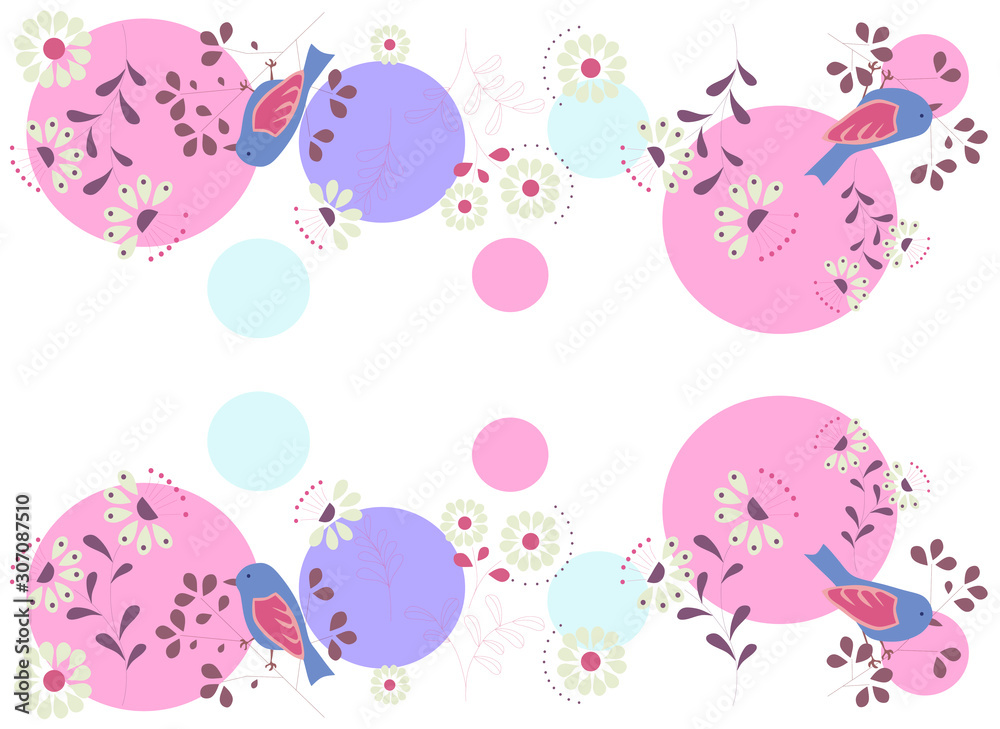 abstract simple background with flowers and birds and color circles, vector illustration