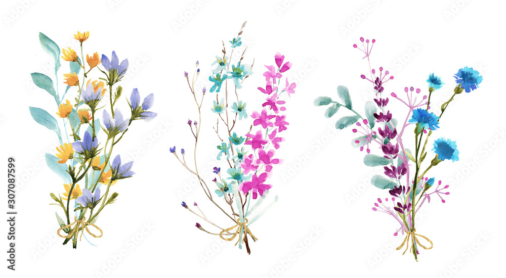  Watercolor flowers isolated on white background, drawn in handcrafted.  spring bouquet