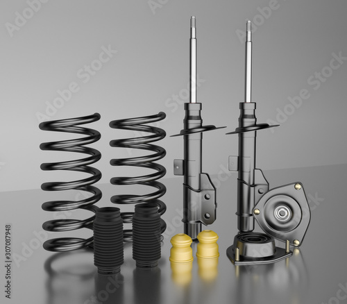 3D rendering. Passenger car Shock Absorber with dust cap, buffer mounting and strut mounting - new auto parts, spare parts. Spare parts for shop, aftermarket OEM photo