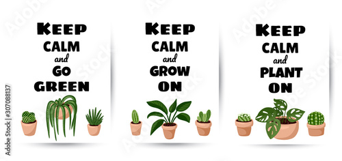 Keep calm and go green, grown on, plant on set of postcards. Collection of potted succulent plants flyers. Cozy lagom scandinavian style posters