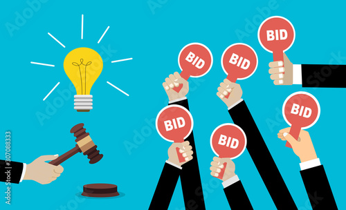 Auction and bidding concept. Hand holding auction paddle. Selling a good idea. Flat vector illustration.