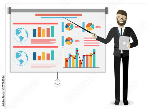Businessman in suit and tie making presentation explaining charts on a white board. Business seminar. Flat style vector illustration isolated on white background.
