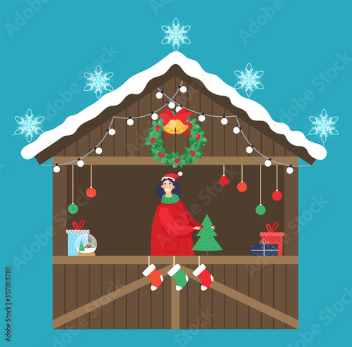 Christmas market kiosk with souvenirs. Seller selling presents and decorative items. Gifts and pine trees, socks. Stall decorated with garlands bulbs, snowflakes wreath and snowy rooftop, vector